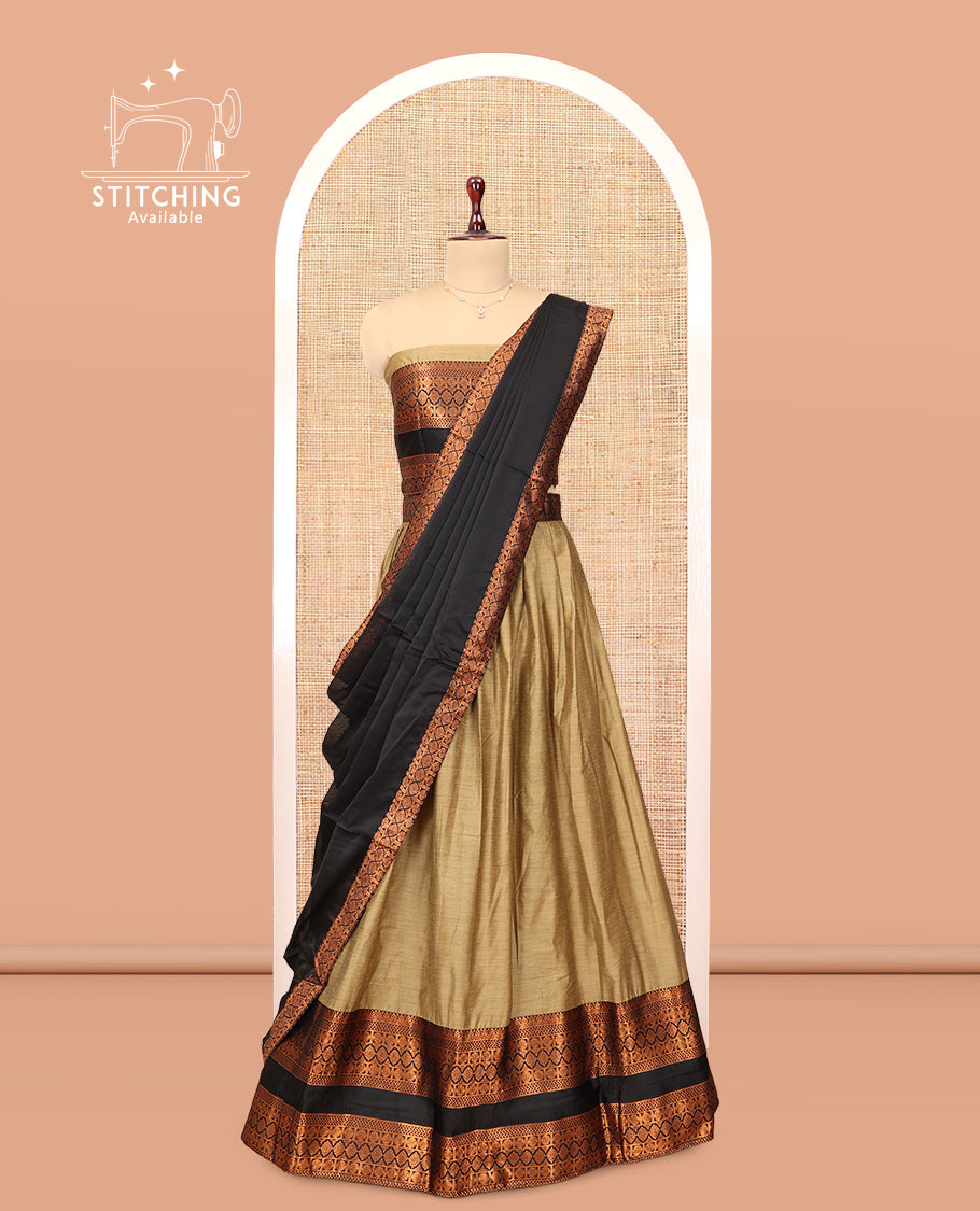 Beige Chanderi Cotton Half-Saree, Plain Skirt, Contrast Traditional Zari Border, a Matching Blouse, and Contrast Dupatta