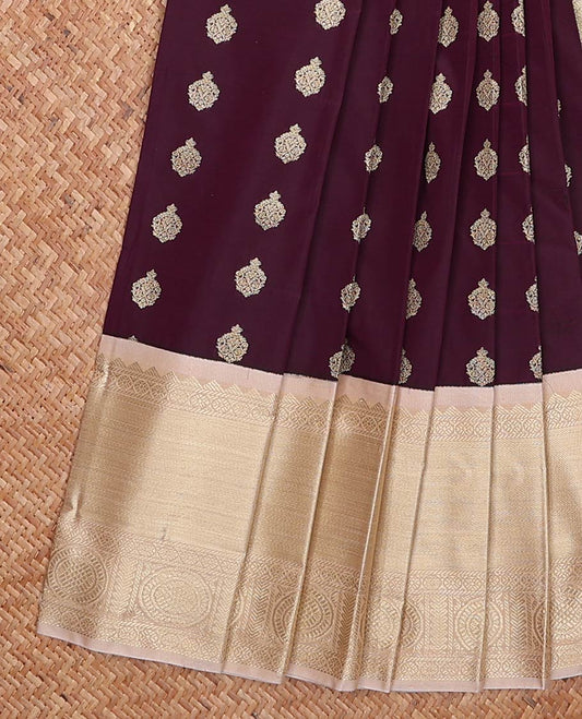 Dark wine zari butta gift saree, contrast traditional zari design border, and jaal pallu
