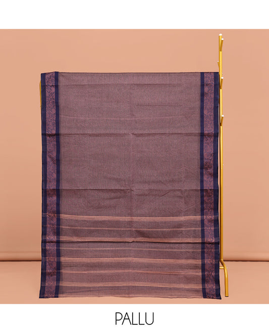 Brown Plain Bengal Cotton Saree, Complemented by a Contrast Floral Creeper Design Border, Pallu of Stripes, and Paired with a Matching Blouse