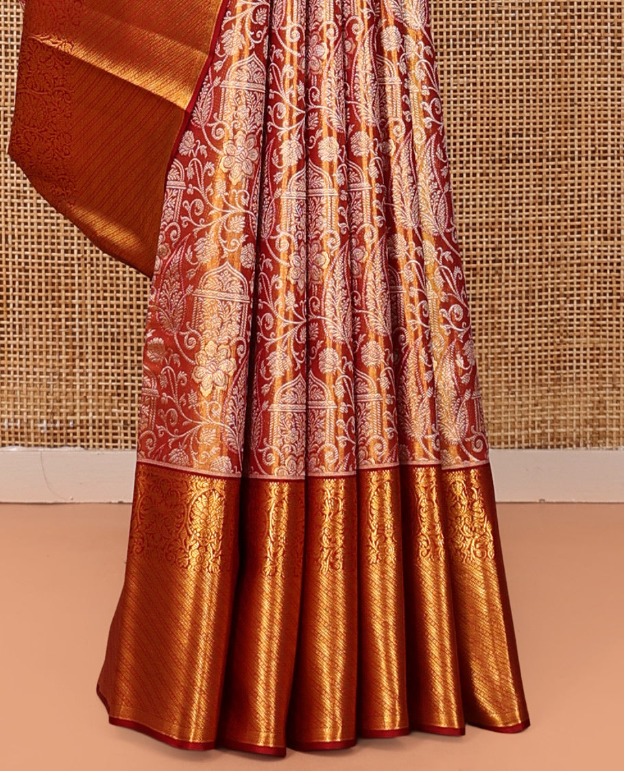 Orange Kanchipuram Tissue Silk Saree, Meticulously Crafted with Jacquard Design, Complemented by Contrast Kodi Visiry Zari Border, Grand Pallu, and Contrast Blouse