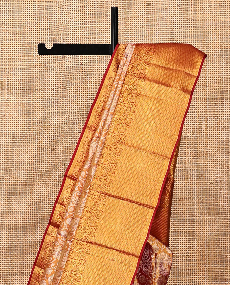 Orange Kanchipuram Tissue Silk Saree, Meticulously Crafted with Jacquard Design, Complemented by Contrast Kodi Visiry Zari Border, Grand Pallu, and Contrast Blouse