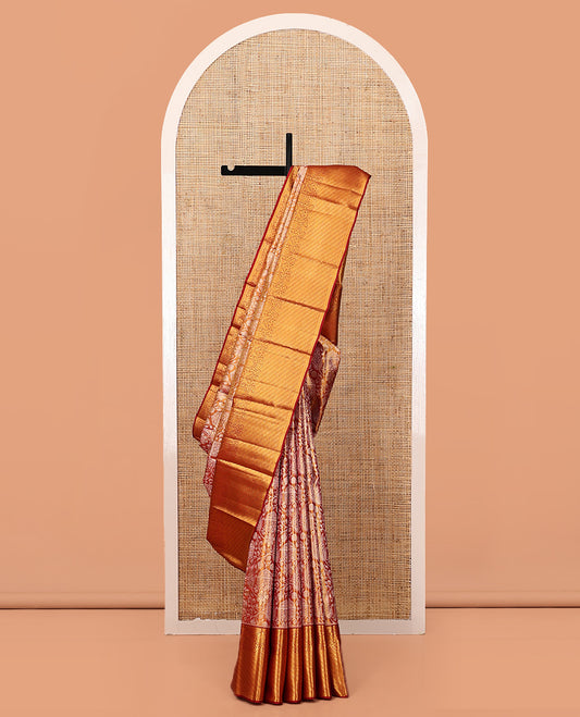 Orange Kanchipuram Tissue Silk Saree, Meticulously Crafted with Jacquard Design, Complemented by Contrast Kodi Visiry Zari Border, Grand Pallu, and Contrast Blouse