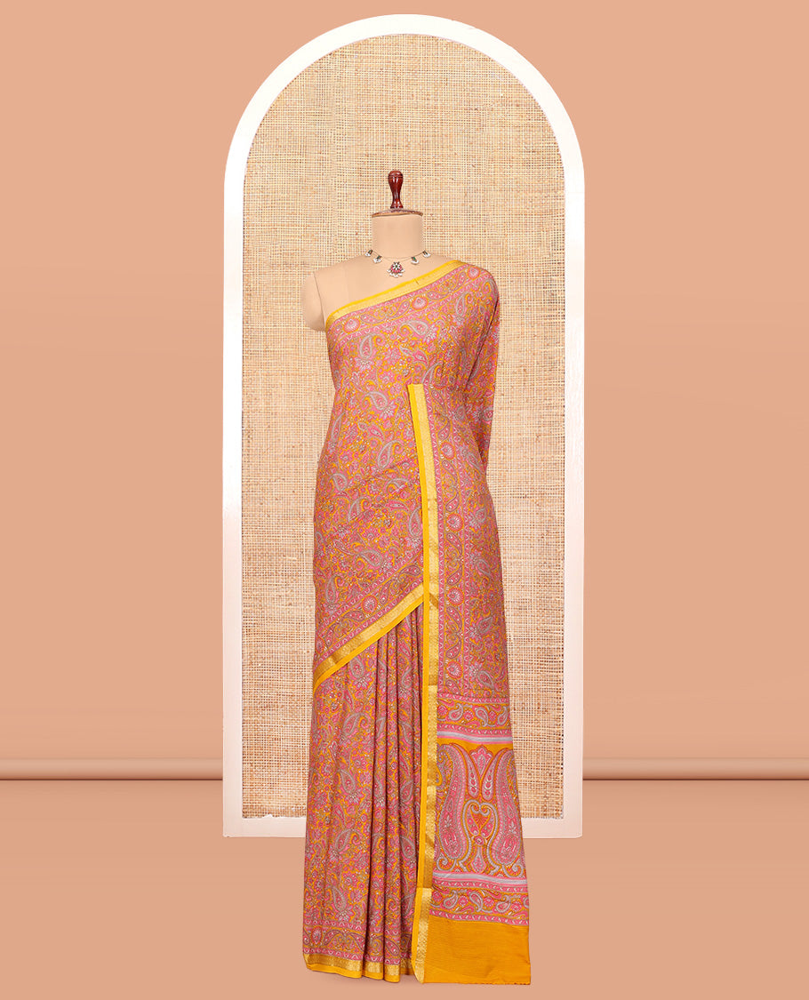 Orange Printed Silk Saree, Bedecked with Floral-Paisley Print, a Contrast Traditional Zari Border, Paisley Pallu, and a Contrast Blouse