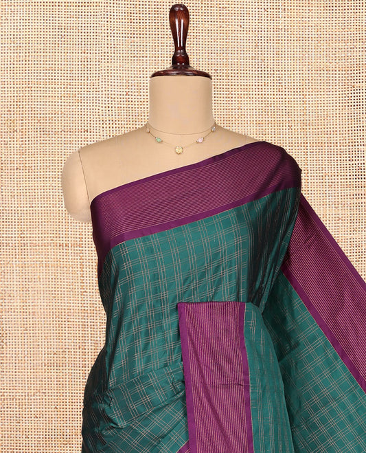 Green Aarani Gift Saree, Adorned with Checked Design on Its Body, Complemented by a Contrast Zari Striped Border, Subtle Striped Pallu, and Paired with a Matching Blouse