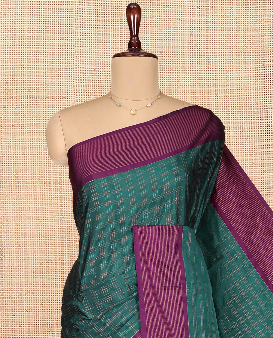 Green Aarani Gift Saree, Adorned with Checked Design on Its Body, Complemented by a Contrast Zari Striped Border, Subtle Striped Pallu, and Paired with a Matching Blouse