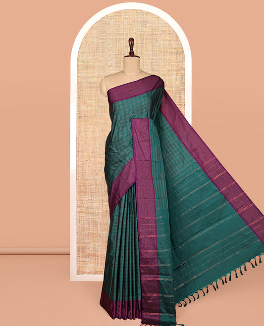 Green Aarani Gift Saree, Adorned with Checked Design on Its Body, Complemented by a Contrast Zari Striped Border, Subtle Striped Pallu, and Paired with a Matching Blouse