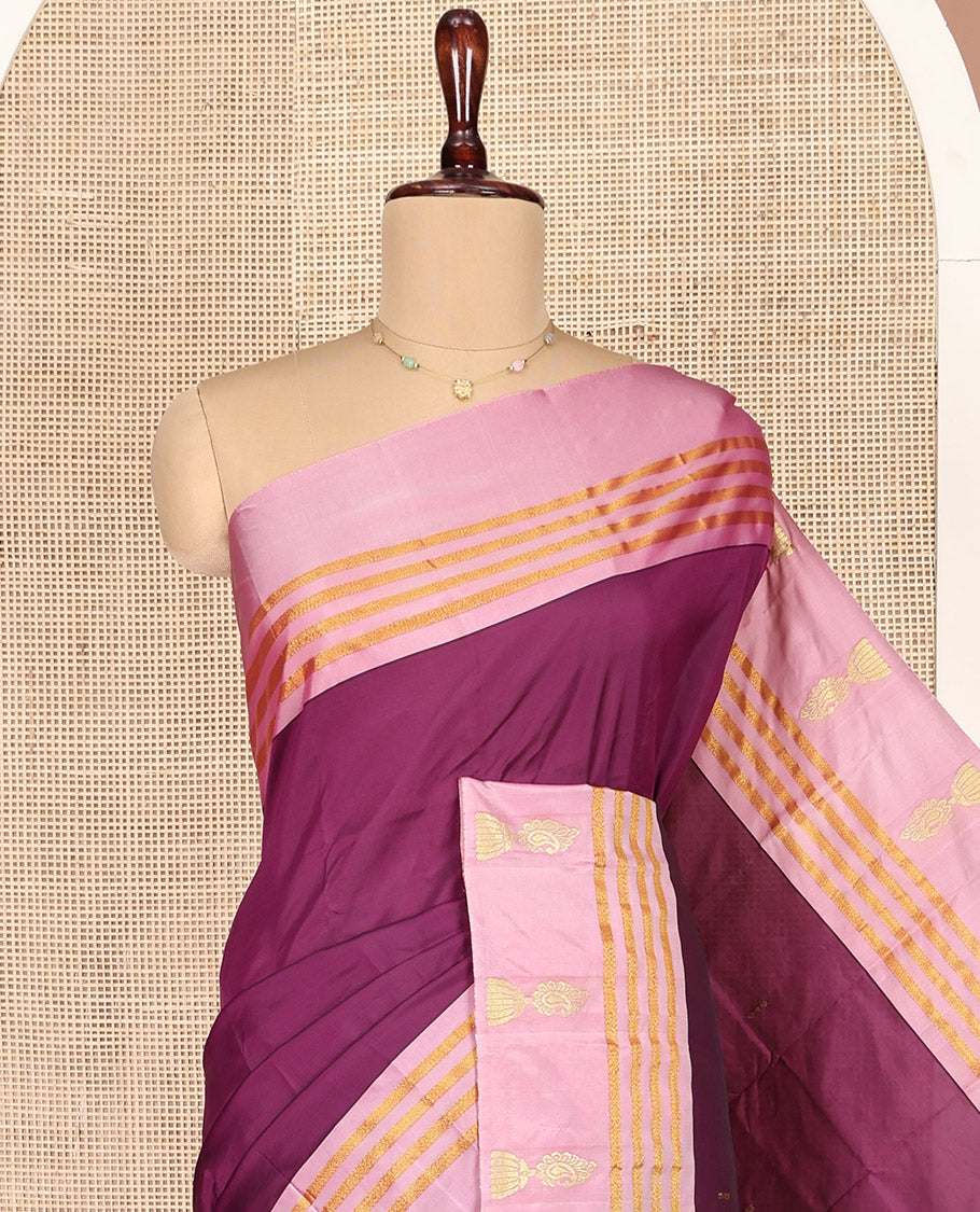 Purple Aarani Gift Saree, Decked Up with Zari Buttas on Its Body, Complemented by a Contrast Border of Zari Stripes and Jhumka Buttas, Contrast Striped Pallu, and Paired with a Contrast Blouse
