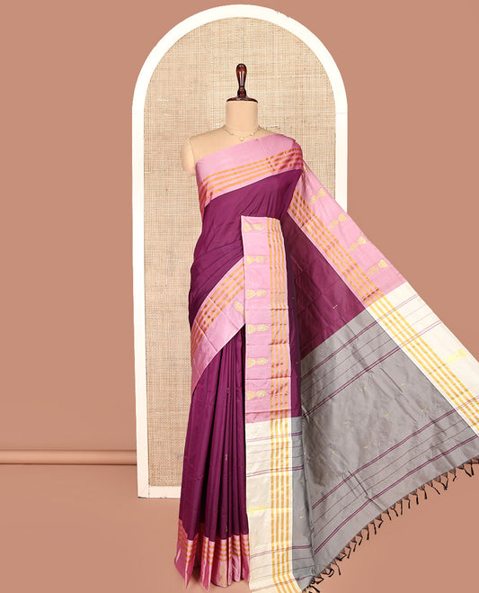 Purple Aarani Gift Saree, Decked Up with Zari Buttas on Its Body, Complemented by a Contrast Border of Zari Stripes and Jhumka Buttas, Contrast Striped Pallu, and Paired with a Contrast Blouse