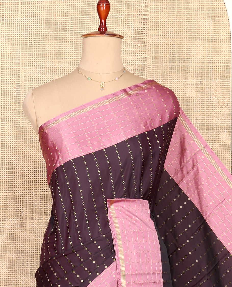 Dark Chocolate Aarani Silk Saree, Showcasing Zari Buttas All Over Its Body, Complemented by a Contrast Border of Stripes and Buttas, Pallu of Stripes, and Paired with a Matching Blouse