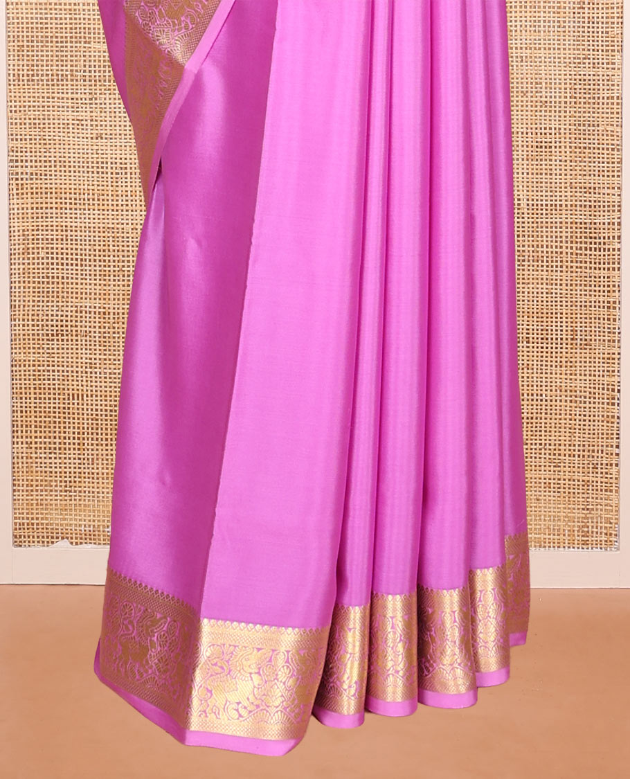 Pink Plain Mysore Silk Saree, Highlighted by a Zari Border of Yaali Designs, Pallu Steeped with Zari Designs, and Paired with a Matching Blouse