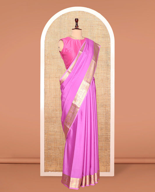 Pink Plain Mysore Silk Saree, Highlighted by a Zari Border of Yaali Designs, Pallu Steeped with Zari Designs, and Paired with a Matching Blouse