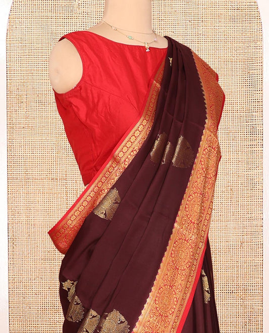 Brown Mysore Silk Saree, Beautiful Bedecked with Two-headed Bird Motifs On Its Body, Complemented by Captivating Contrast Border of Traditional Zari Designs, Pallu of Zari Stripes and Paired with a Contrast Blouse