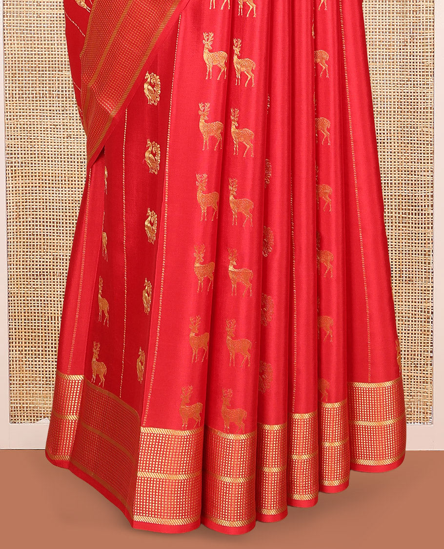 Red Mysore Silk Saree, Meticulously Crafted with Peacock-Deer Buttas and Stripes, Highlighted by a Traditional Zari Border, Grand Pallu, and a Matching Blouse