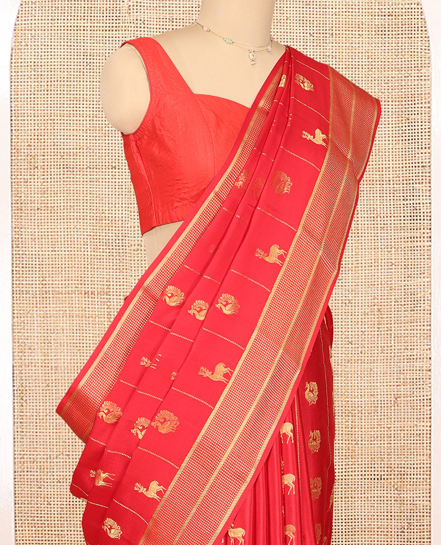 Red Mysore Silk Saree, Meticulously Crafted with Peacock-Deer Buttas and Stripes, Highlighted by a Traditional Zari Border, Grand Pallu, and a Matching Blouse