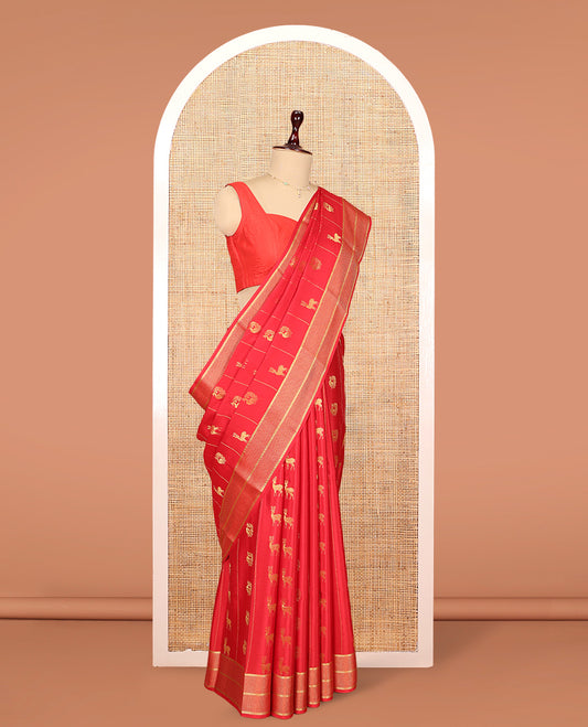 Red Mysore Silk Saree, Meticulously Crafted with Peacock-Deer Buttas and Stripes, Highlighted by a Traditional Zari Border, Grand Pallu, and a Matching Blouse