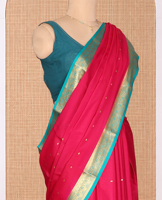 Red Mysore Silk Saree, Graced with Zari Buttas, Complemented by a Contrast Paisley Zari Border, Zari Buttas Woven Pallu, and a Contrast Blouse