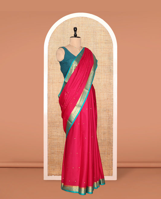 Red Mysore Silk Saree, Graced with Zari Buttas, Complemented by a Contrast Paisley Zari Border, Zari Buttas Woven Pallu, and a Contrast Blouse