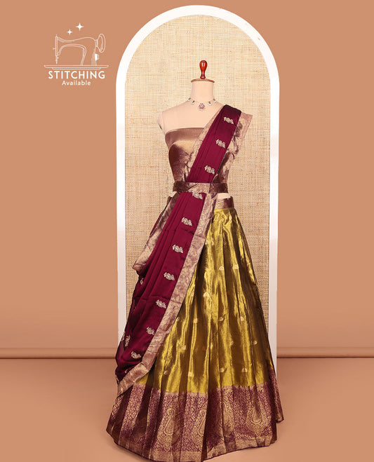 Gold-maroon zari buttas half-saree with contrast intricate motifs woven bordered skirt, brocade blouse, and a zari design dhavani