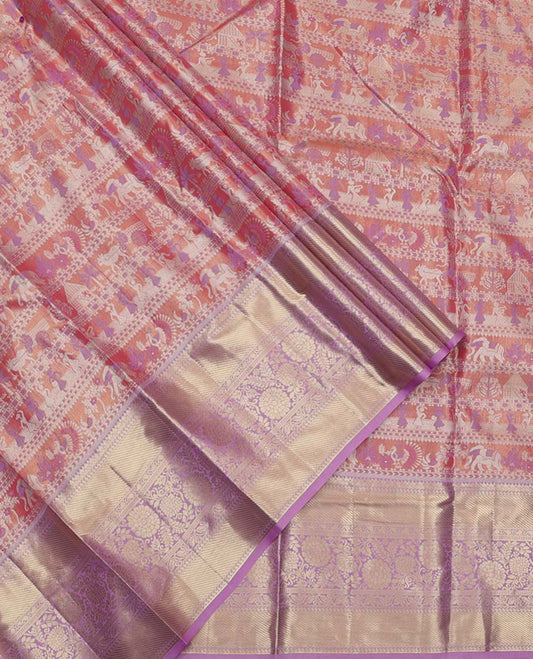 Light Rust Art Silk Material Half-Saree Set, Embellished with Warli-Theme Jacquard Skirt, Complemented by Contrast Traditional Zari Border, Paired with a Jacquard Blouse, and Paisley Designs Woven Dhavani