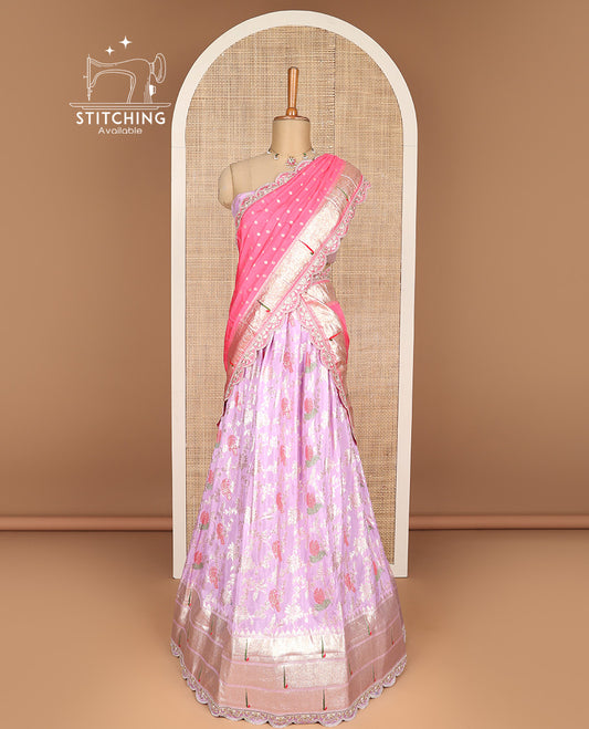 Lavender floral vine, animal design banaras half saree with contrast animal design border, zari design blouse & floral design dhavani