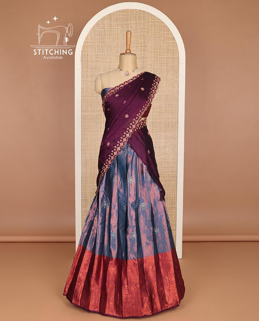 Blue floral embroidery art silk half saree with contrast intricate zari design border, zari design blouse & floral embroidery scallop border dhavani