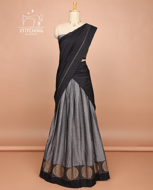 Grey cotton half saree with contrast floral design border, zari design blouse & plain , checked border dhavani