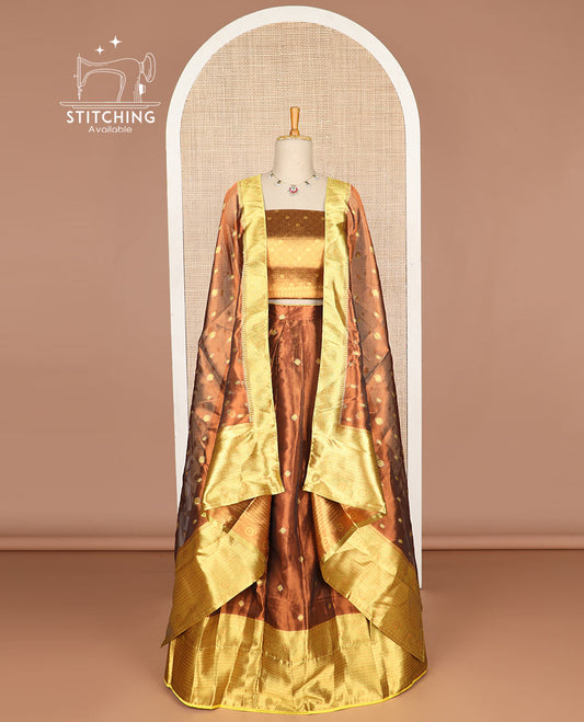 Rust color buttas tissue half saree with contrast zari design border, zari design blouse & floral design dhavani