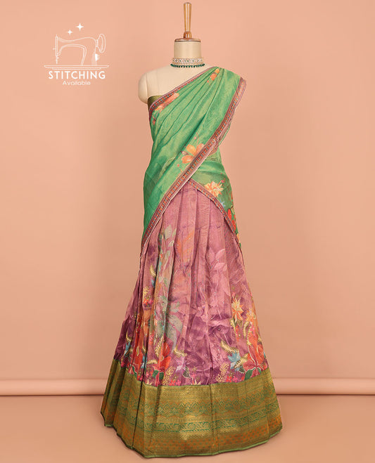 Multi-color floral printed art silk half saree, contrast traditional border, jacquard blouse & floral printed dhavani