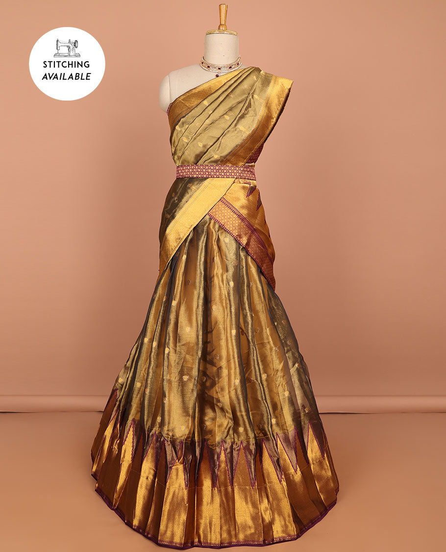 Brown buttas art silk half saree with contrast zari border, argyle pattern blouse & buttas with zari border dhavani