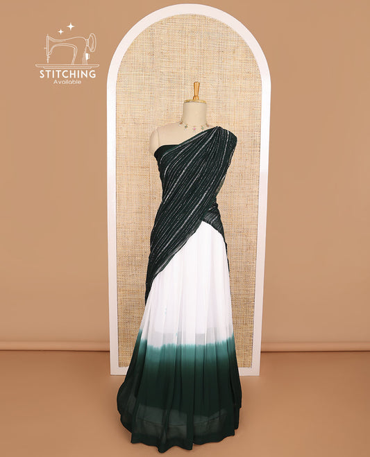 White & dark green  georgette half saree with plain blouse & striped design dhavani