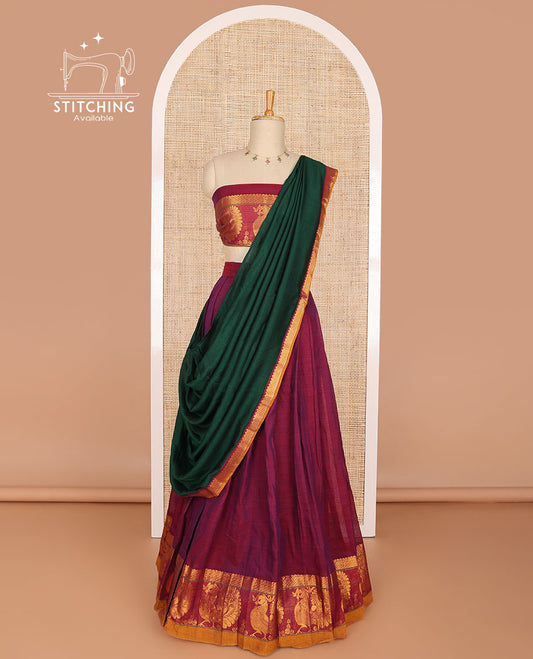 Purple cotton half saree with contrast peacock design border, peacock design blouse & zari design border dhavani