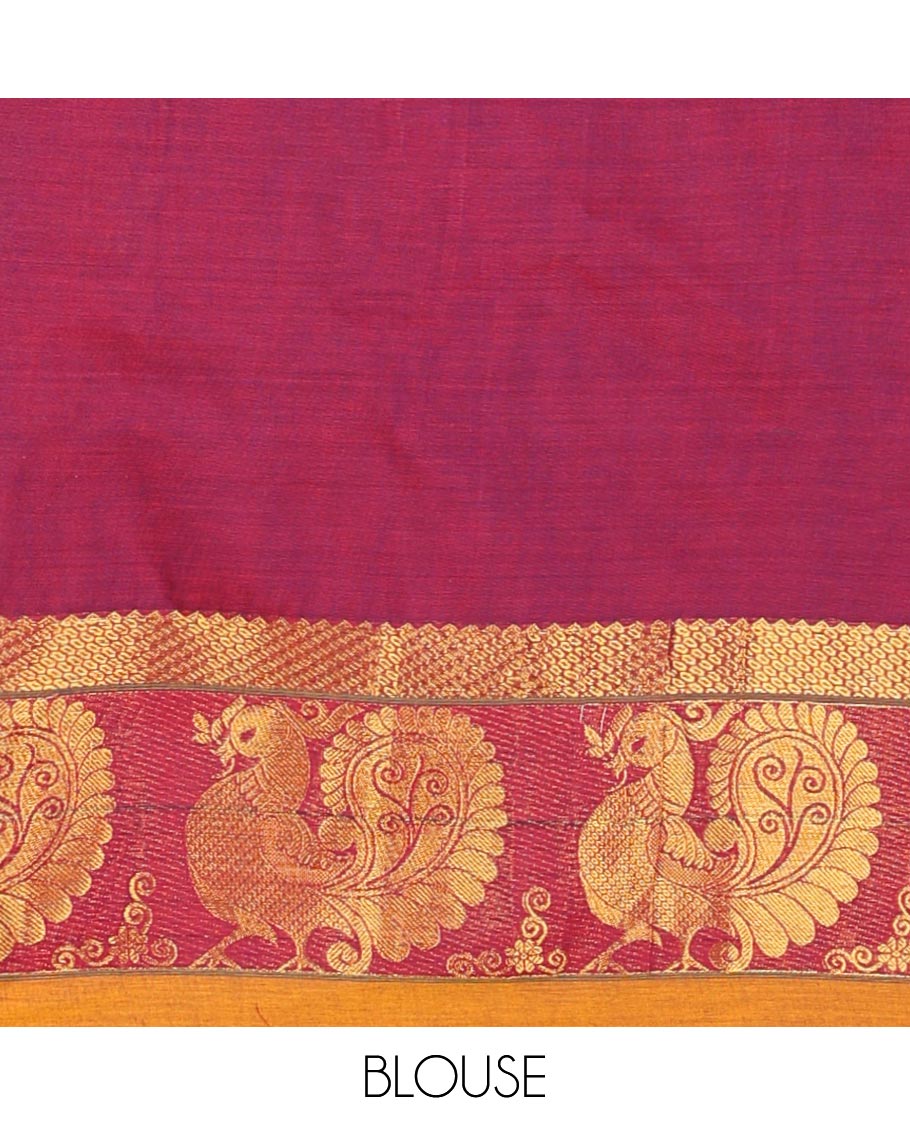 Purple cotton half saree with contrast peacock design border, peacock design blouse & zari design border dhavani