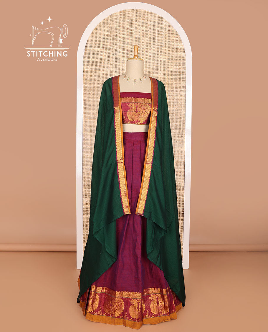 Purple cotton half saree with contrast peacock design border, peacock design blouse & zari design border dhavani