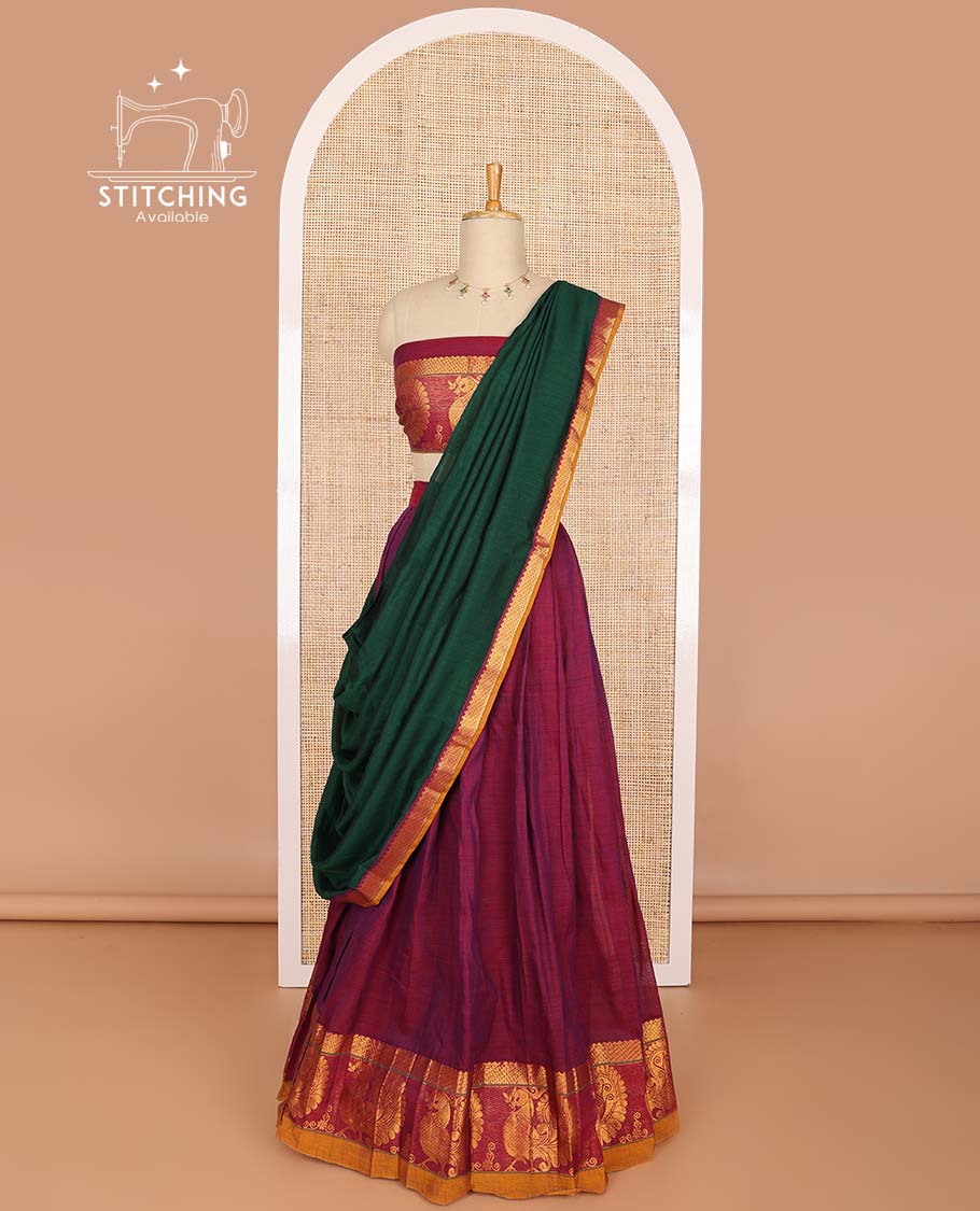 Purple cotton half saree with contrast peacock design border, peacock design blouse & zari design border dhavani