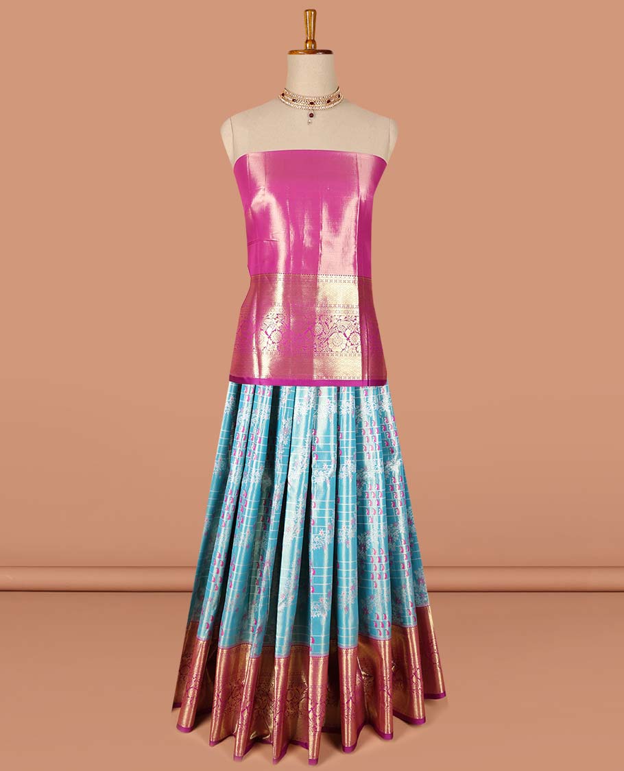 Blue checked with floral design art-silk half saree, contrast traditional zari border,zari design blouse & intricate dhavani