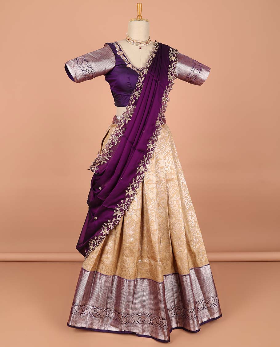 Sandal floral jacquard semi-stitched half saree with contrast zari border,  embroidered blouse & scallop border dhavani