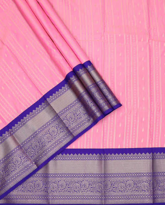 Flamingo pink art silk pavadai material set, zari design pavadai, contrast blouse & traditional zari border