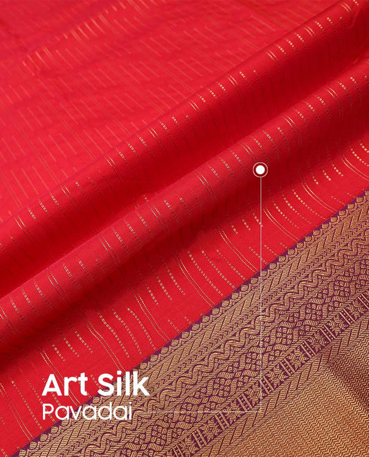 Red art silk pavadai material, zari design with embossed contrast traditional zari border skirt, and contrast blouse