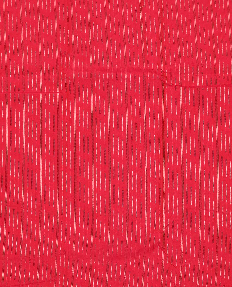 Red art silk pavadai material, zari design with embossed contrast traditional zari border skirt, and contrast blouse