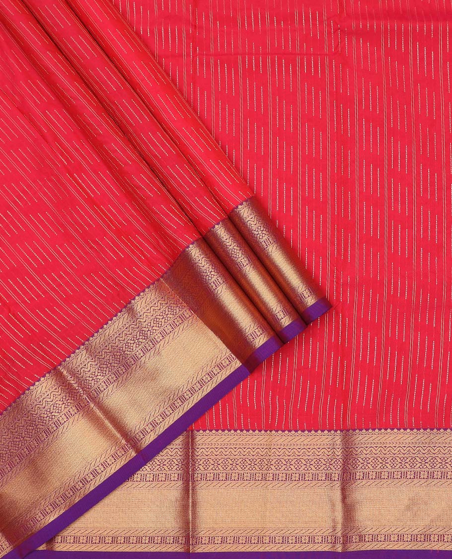 Red art silk pavadai material, zari design with embossed contrast traditional zari border skirt, and contrast blouse