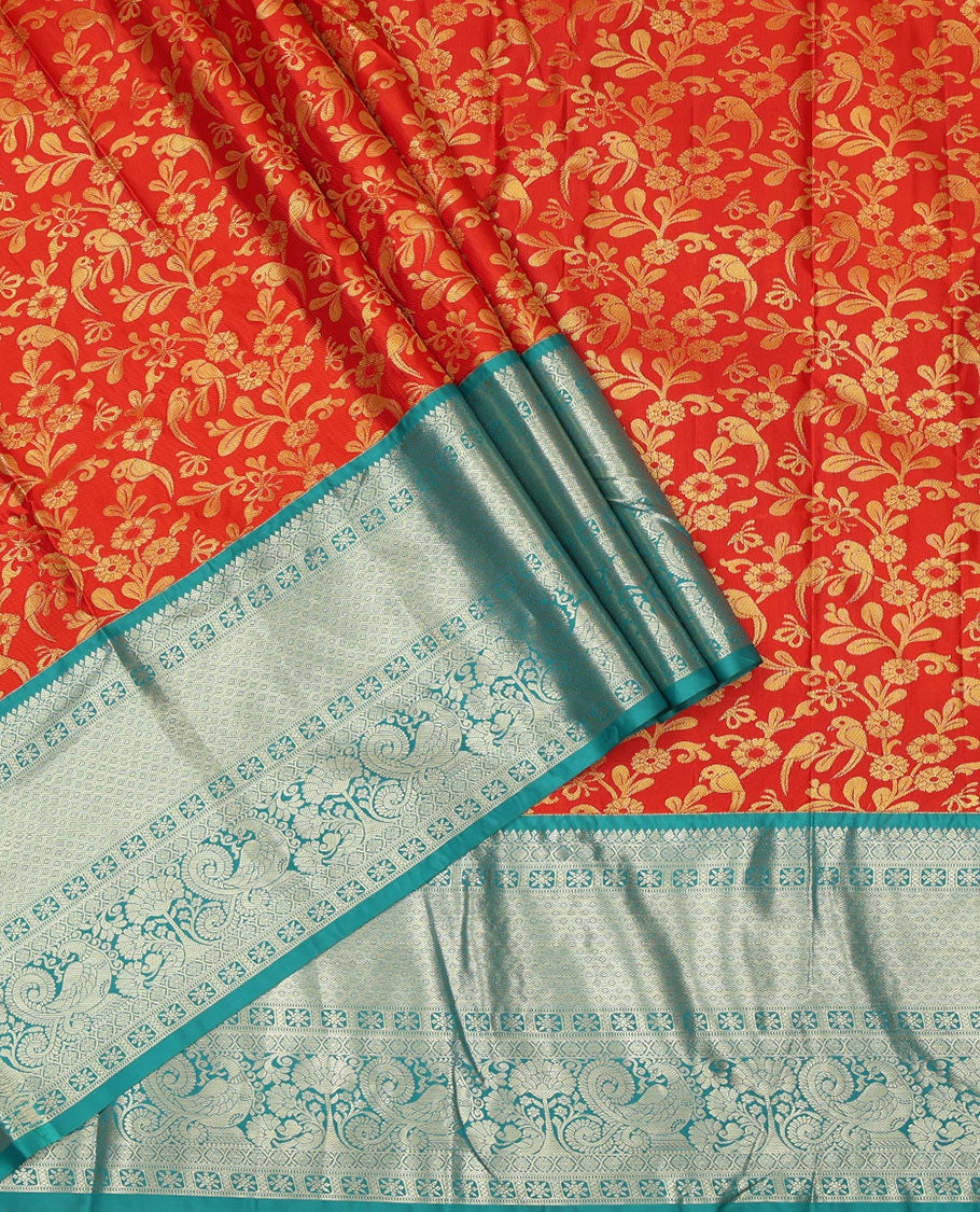 Red Jacquard Art Silk Pavadai Material, Bedecked with Contrast Traditional Border, a Contrast Blouse