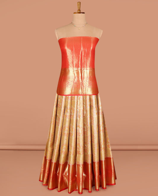 Sandal Art Silk Pavadai Material Set, Meticulously Crafted with Jacquard Designs on Its Skirt, Complemented by a Contrast Traditional Zari Designs Woven Border, and Paired with a Contrast Jacquard Blouse