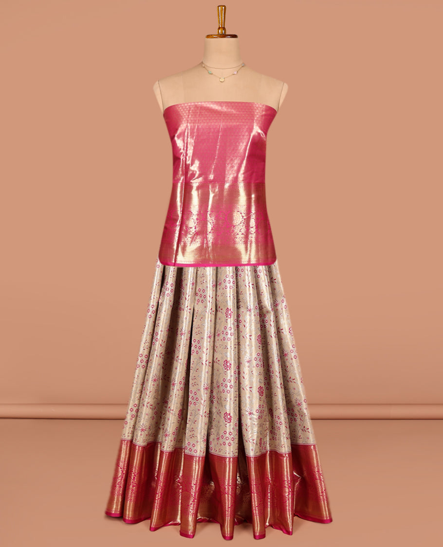 Beige Art Silk Pavadai Material Set, Graced with Jacquard on Its Skirt, Complemented by a Contrast Traditional Zari Designs Border, and Paired with a Contrast Blouse