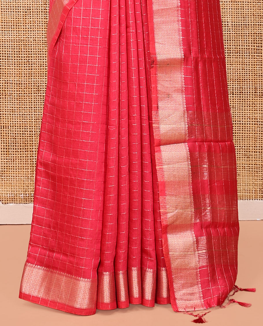 Pink Assam Silk Saree, Lightly Embellished with Zari Checks, Highlighted by a Traditional Zari Border, Striped Pallu, and a Matching Blouse