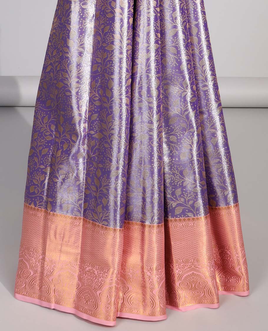 Lavender floral jacquard budget silk saree with contrast floral zari border & pallu of floral zari design