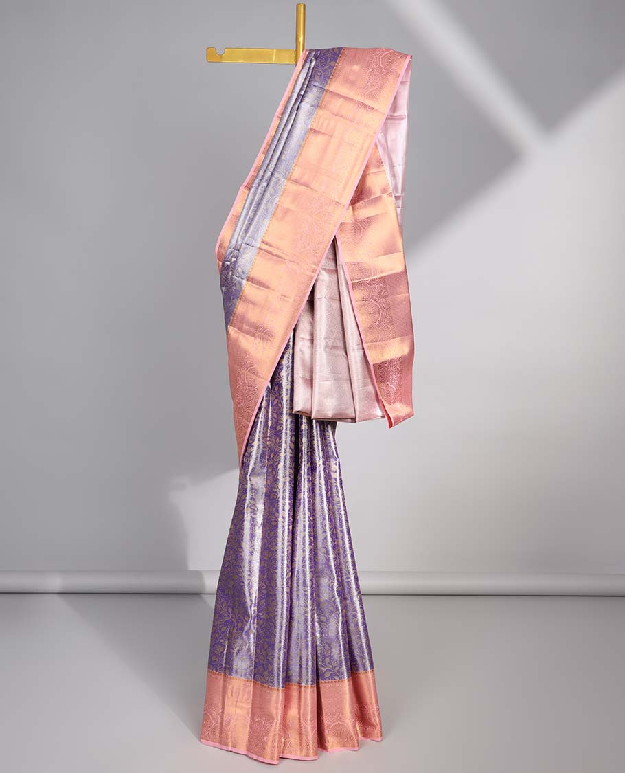 Lavender floral jacquard budget silk saree with contrast floral zari border & pallu of floral zari design