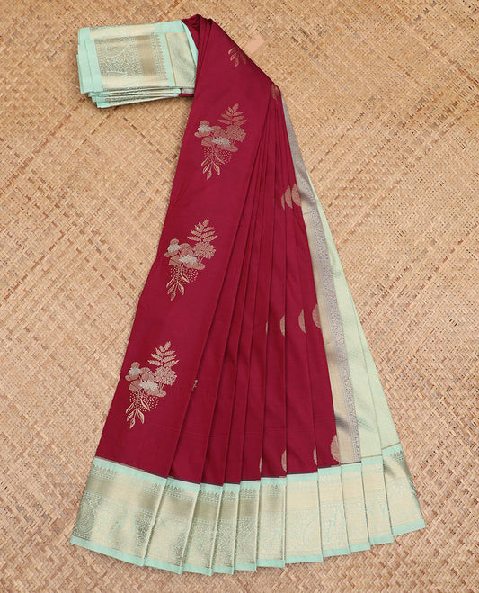 Maroon floral and leaf zari buttas gift saree, contrast traditional zari border, and intricately zari decked up pallu