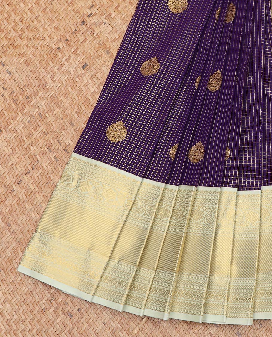 Violet zari buttas enclosed checked gift saree, contrast traditional zari design border, and jaal pallu