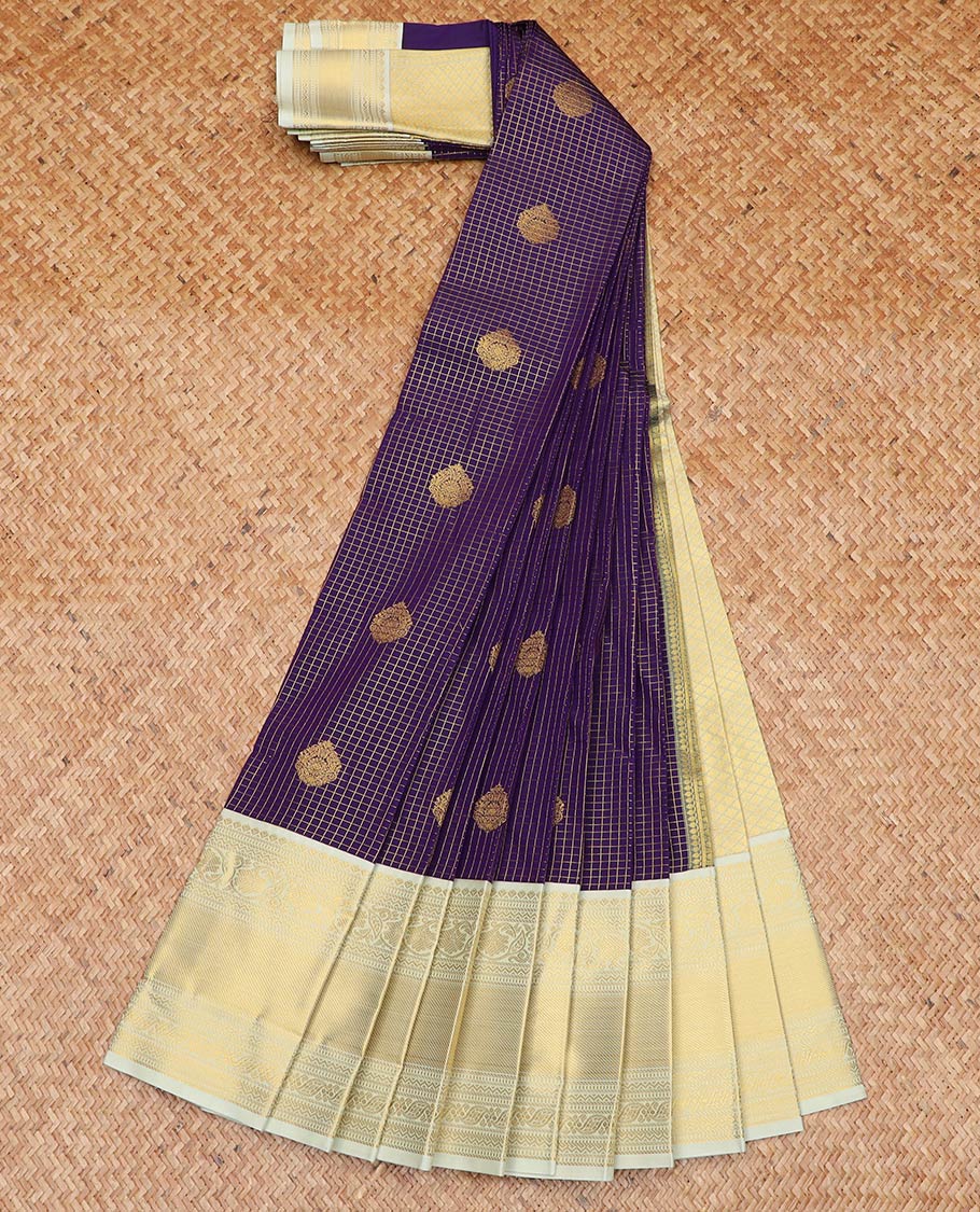 Violet zari buttas enclosed checked gift saree, contrast traditional zari design border, and jaal pallu