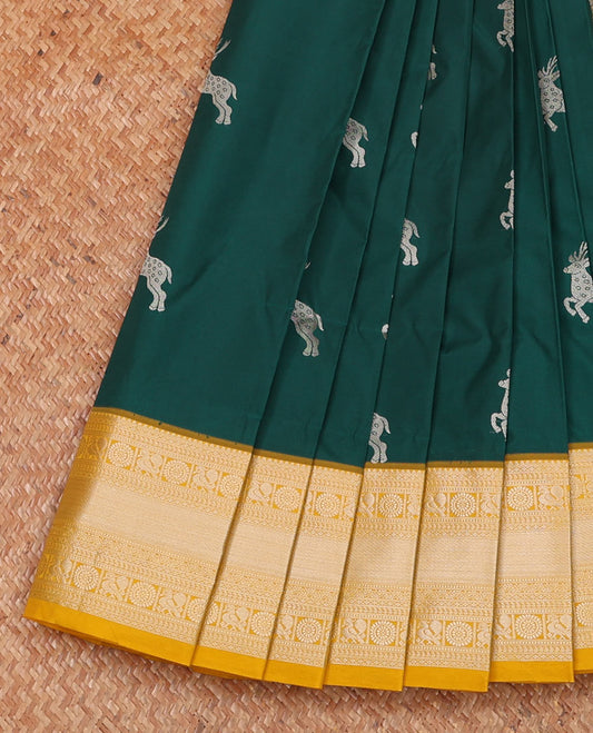 Green deer buttas budget silk saree, contrast traditional zari border of peacock chakram buttas, and pallu of jaal designs